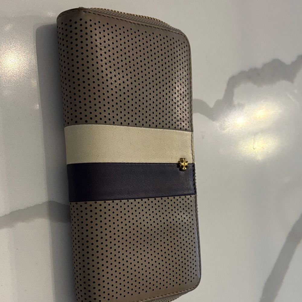 Tory Burch Perforated Wallet with Stripe Accent